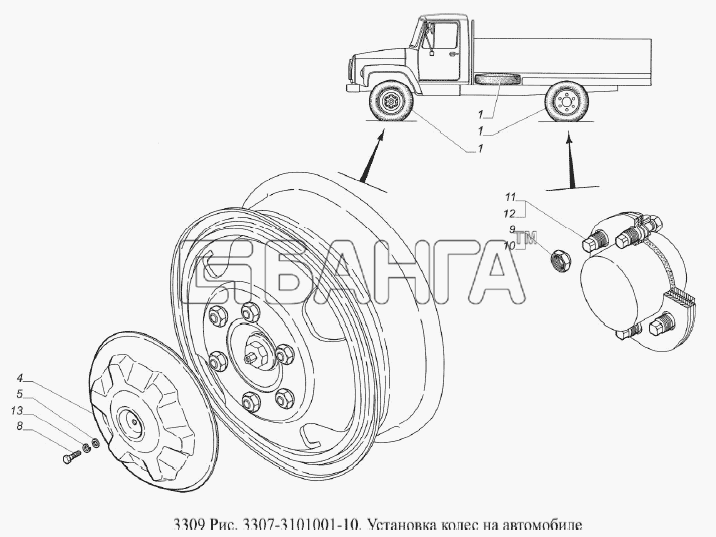 ГАЗ ГАЗ-3309 (Евро 2) Схема Установка колес на автомобиле-171 banga.ua